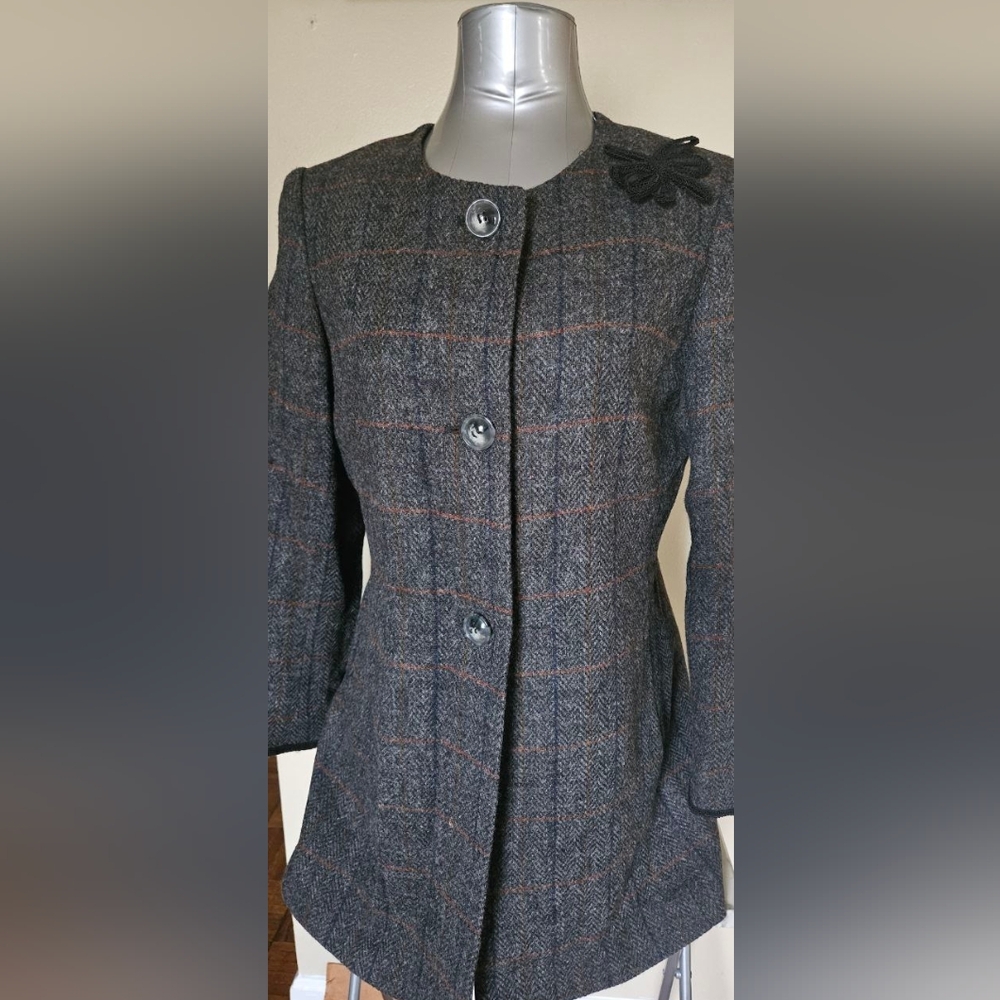 John Meyer Collection Women’s Tweed Wool Blend Blazer Jacket Size 10 Gray Plaid